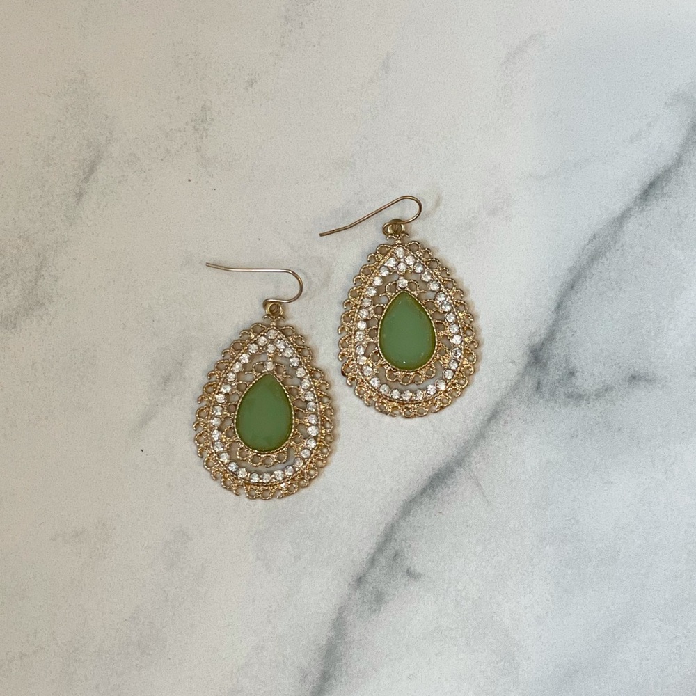 Green and gold drop earrings